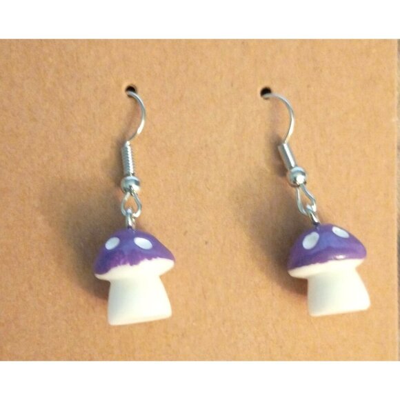 Purple & White Mushroom Dangle Earrings NEW Cottagecore Gift Boxed - Picture 1 of 4